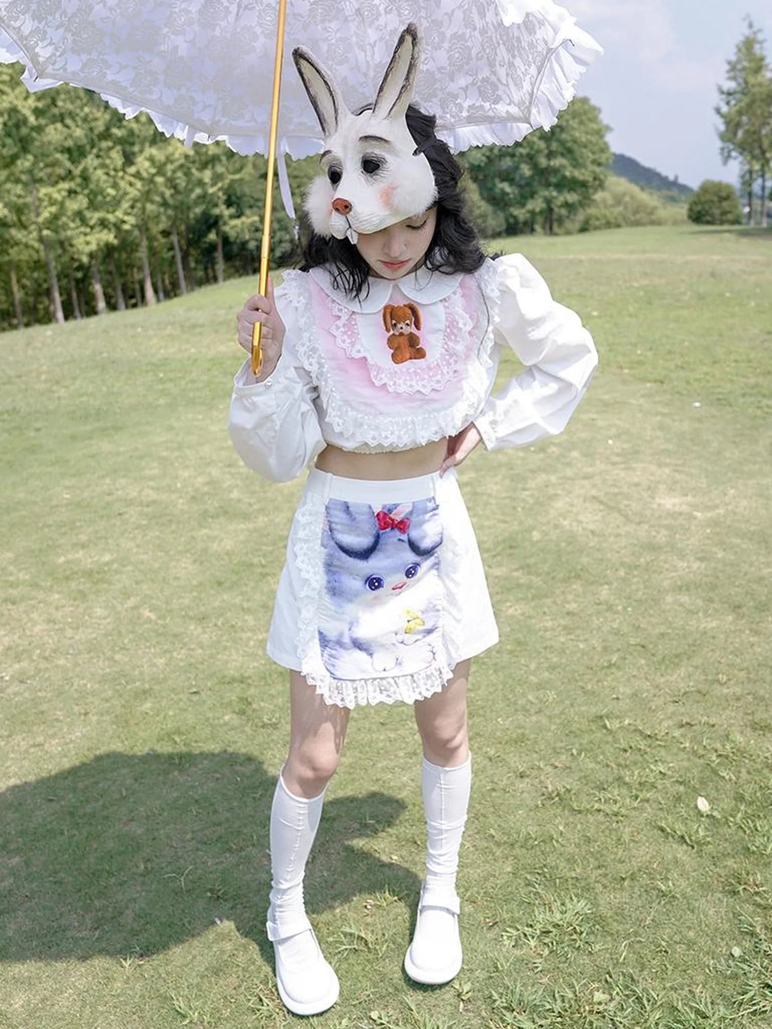 Vintage Lace Print Rabbit Short Skirt