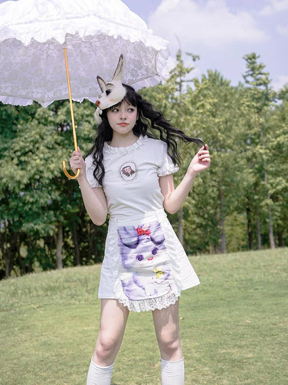Vintage Lace Print Rabbit Short Skirt