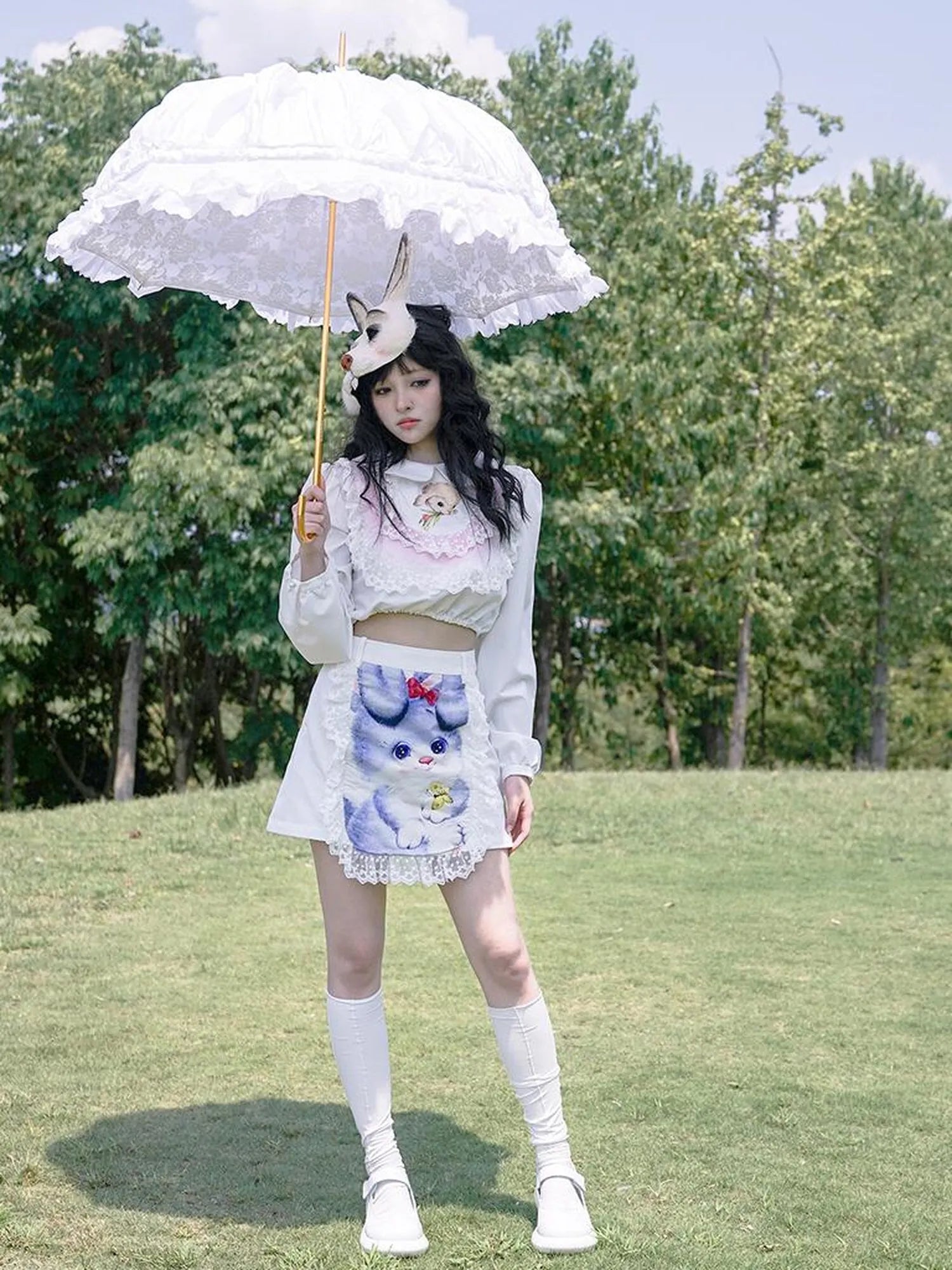 Vintage Lace Print Rabbit Short Skirt