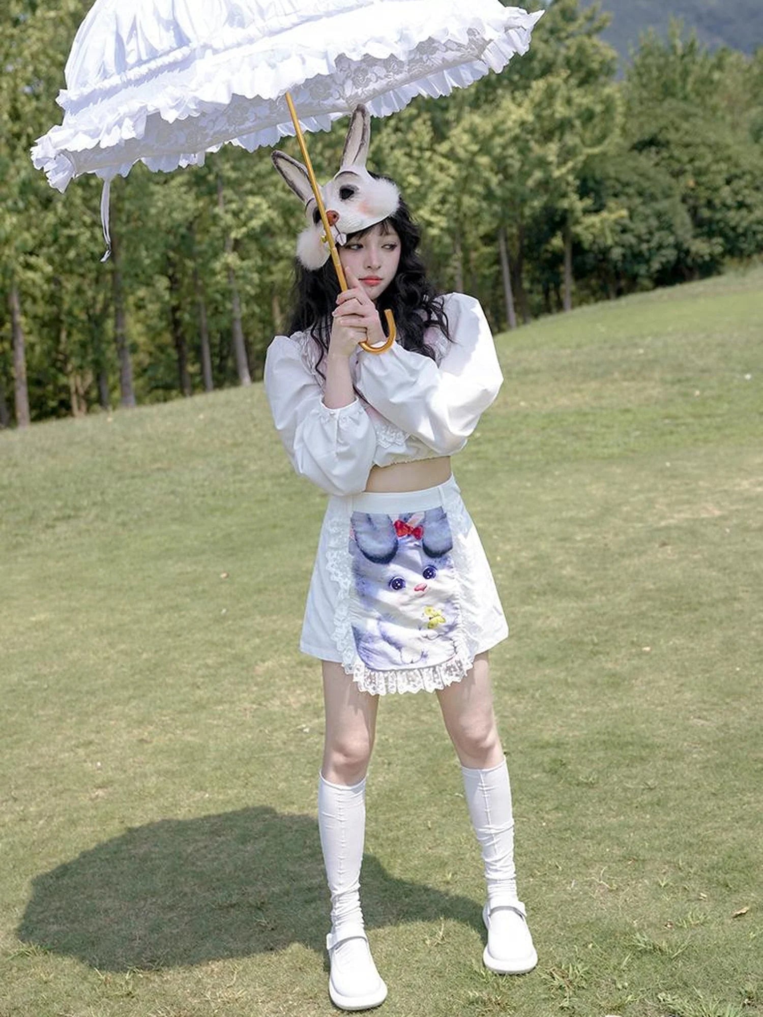 Vintage Lace Print Rabbit Short Skirt