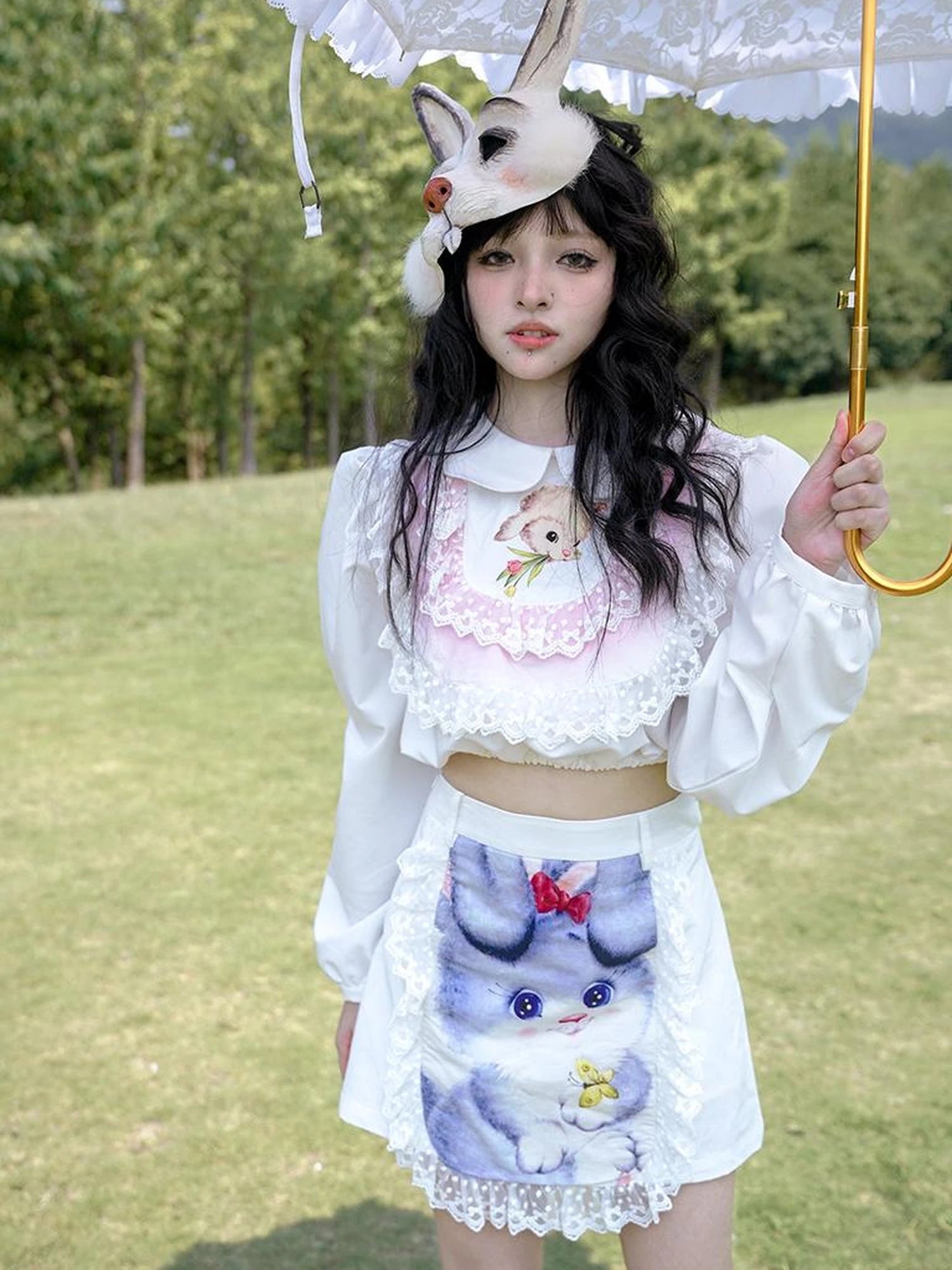 Vintage Lace Print Rabbit Short Skirt