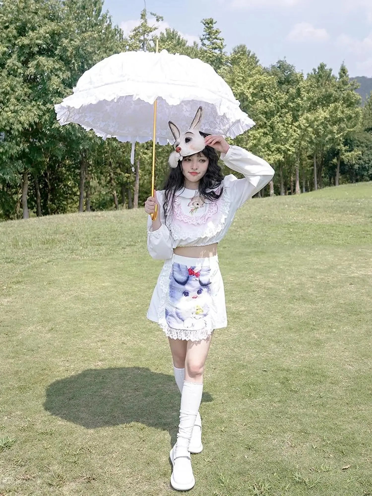 Vintage Lace Print Rabbit Short Skirt