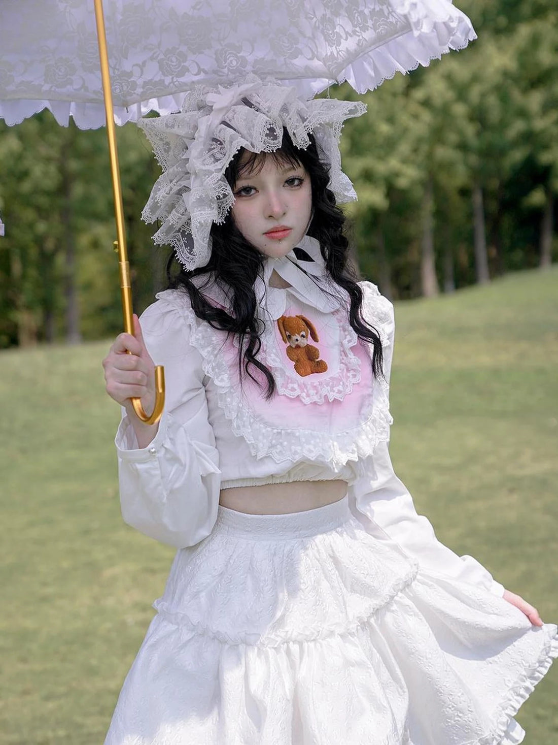 Vintage Pastoral Lace Blouse Cotton Short Top