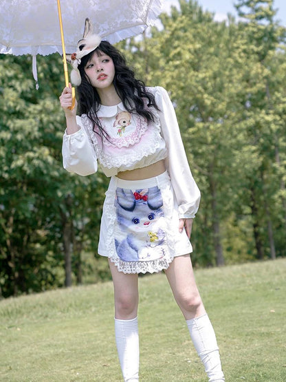 Vintage Pastoral Lace Blouse Cotton Short Top