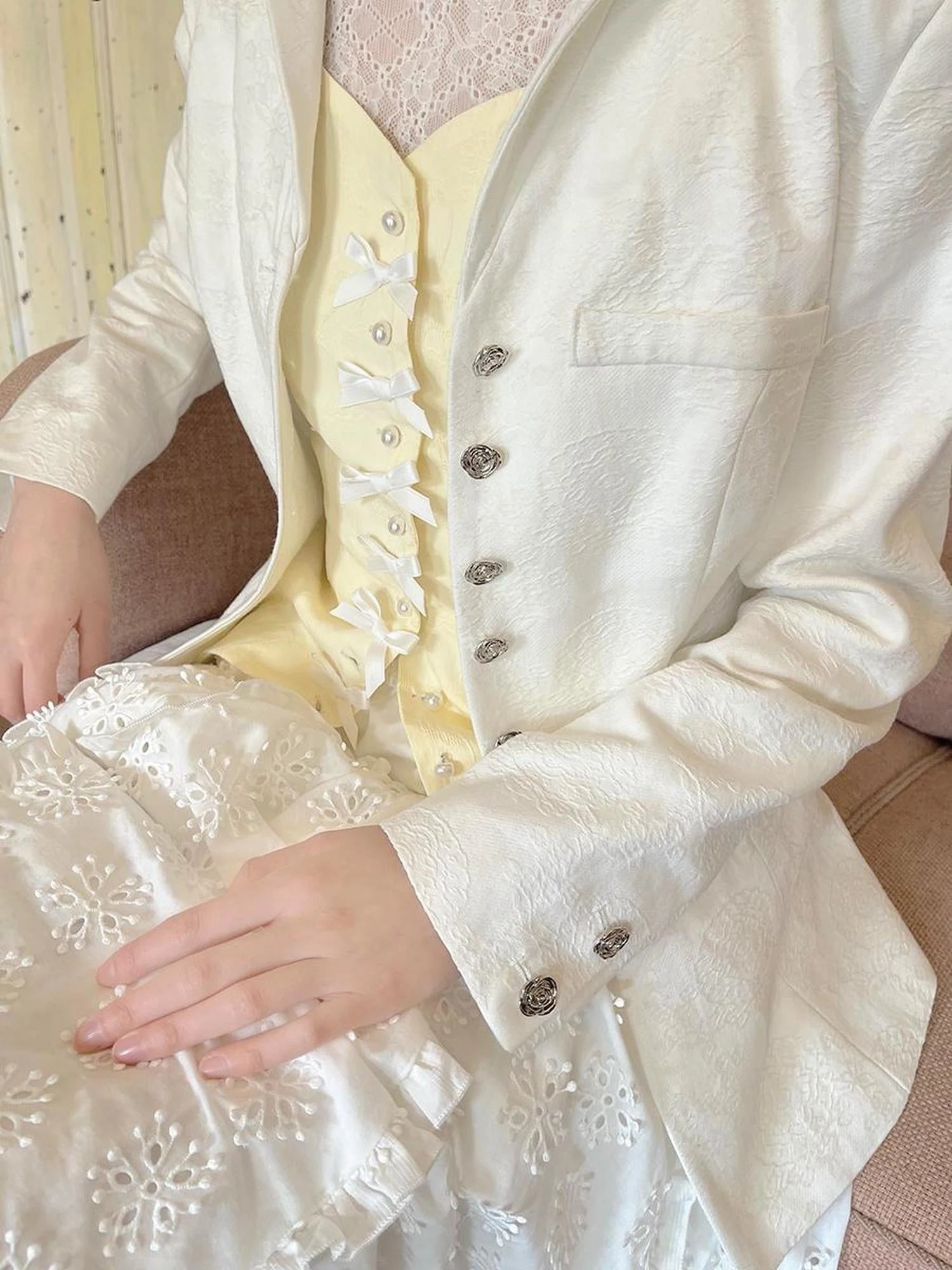 Vintage Pearl Embroidered Cotton Vest With Bow Closure