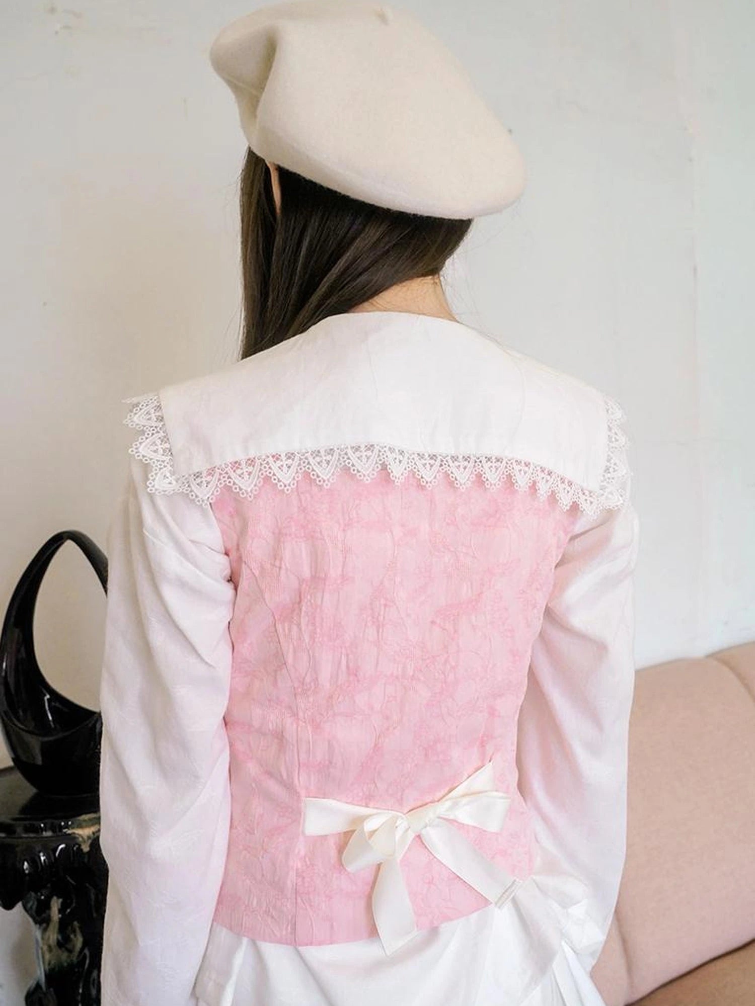 Vintage Pearl Embroidered Cotton Vest With Bow Closure