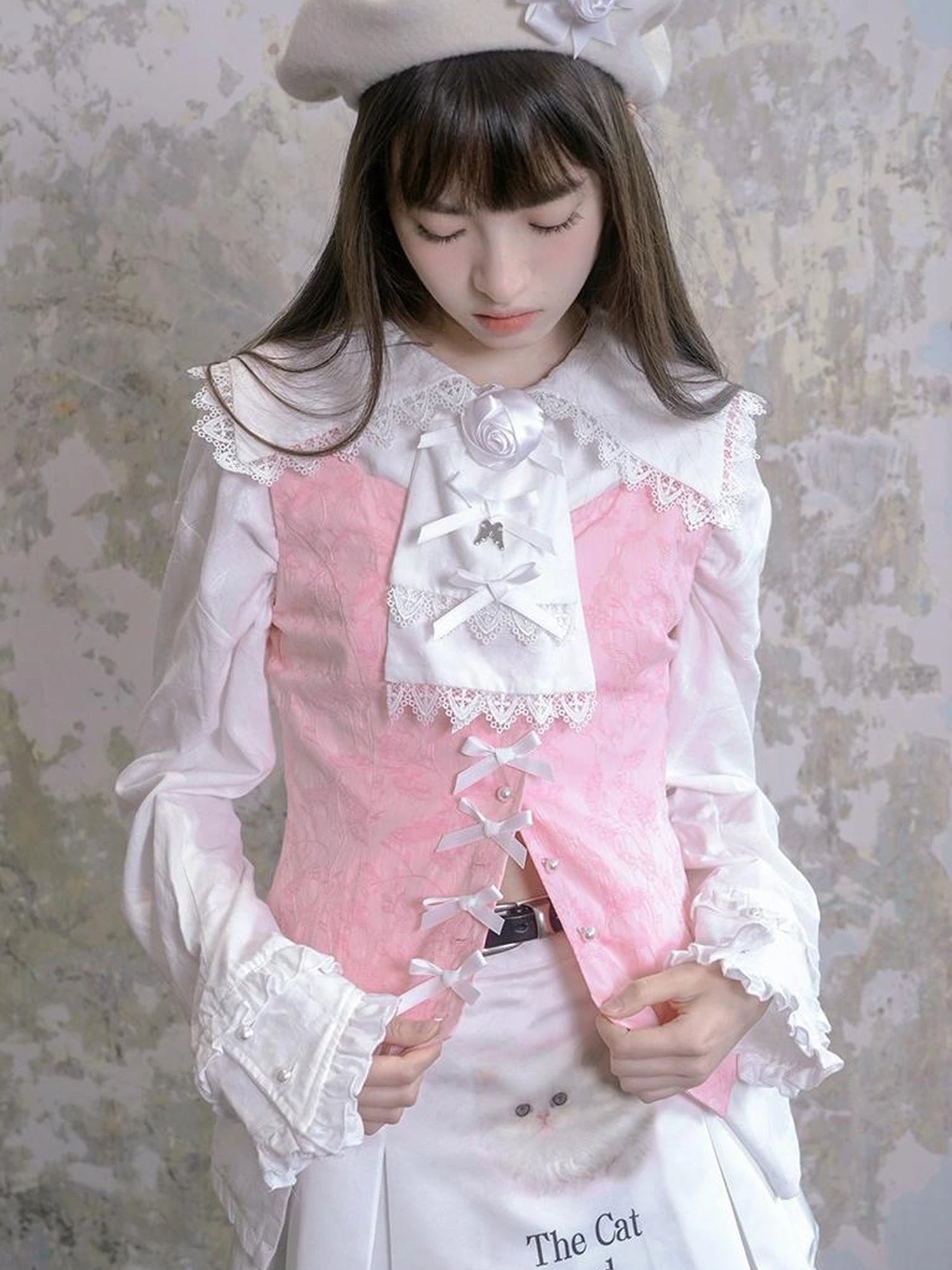 Vintage Pearl Embroidered Cotton Vest With Bow Closure