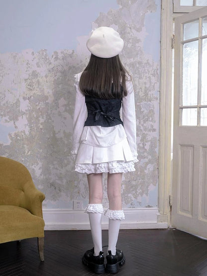 Vintage Pearl Embroidered Cotton Vest With Bow Closure