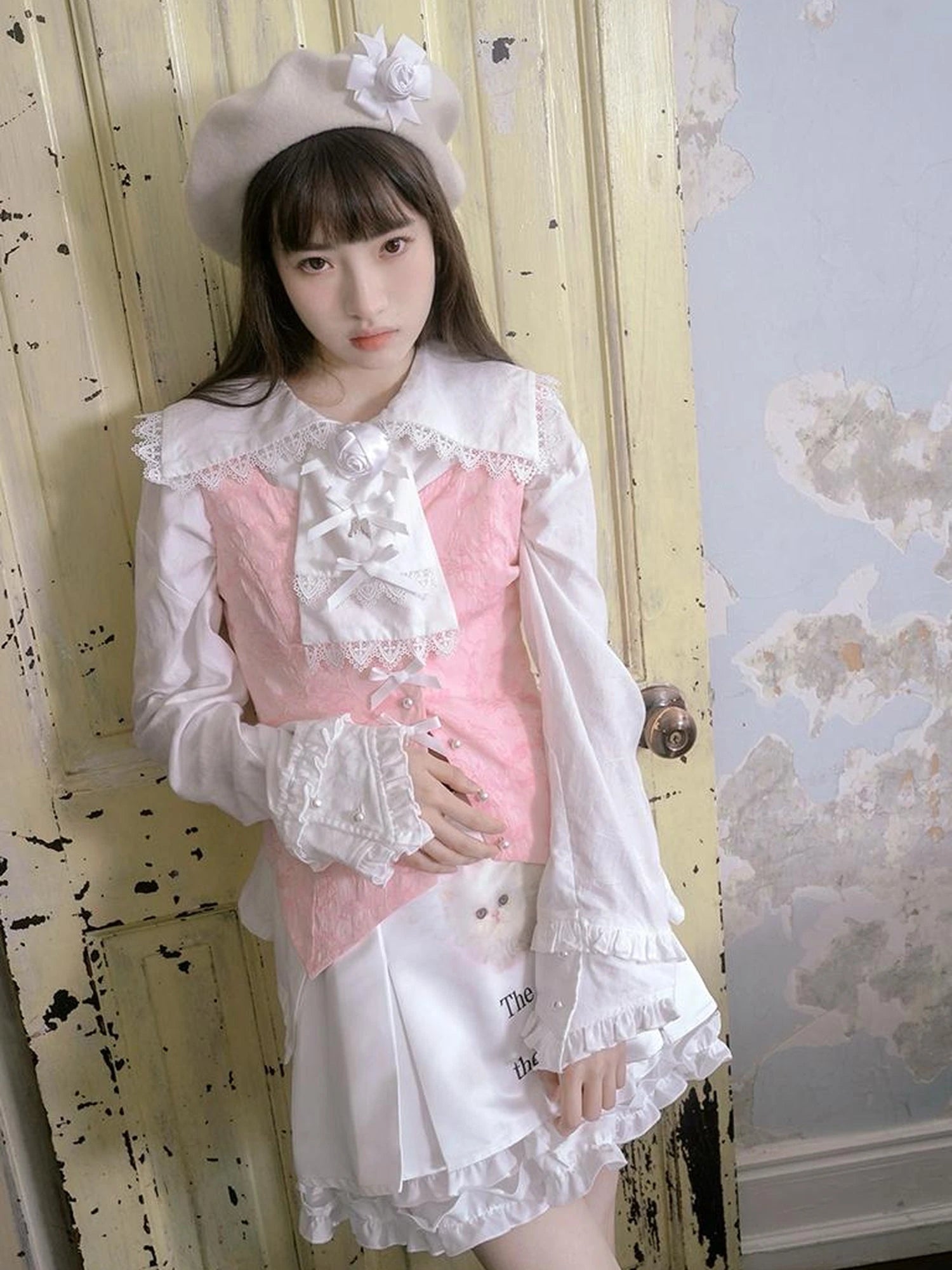 Vintage Pearl Embroidered Cotton Vest With Bow Closure