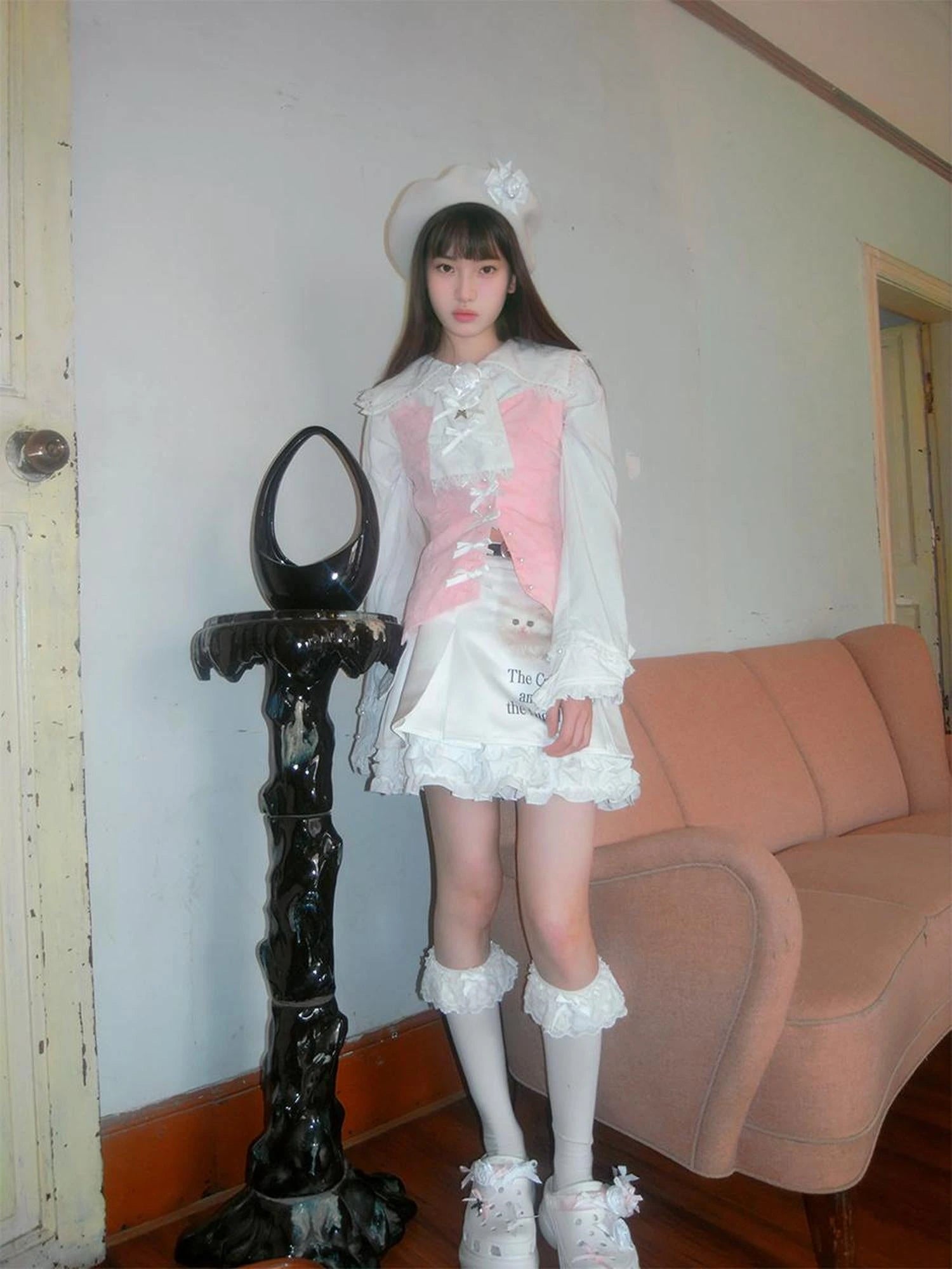 Vintage Pearl Embroidered Cotton Vest With Bow Closure