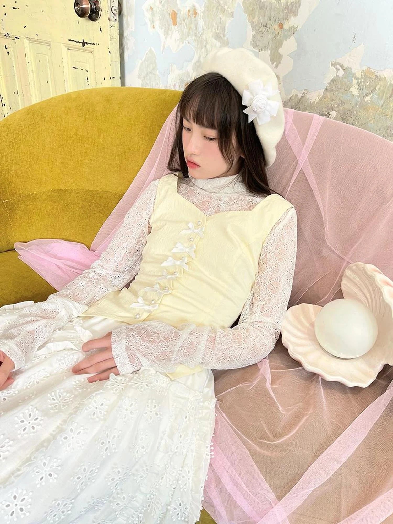 Vintage Pearl Embroidered Cotton Vest With Bow Closure