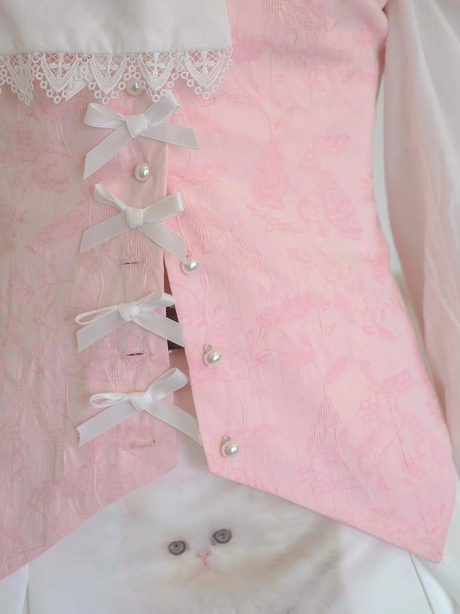 Vintage Pearl Embroidered Cotton Vest With Bow Closure