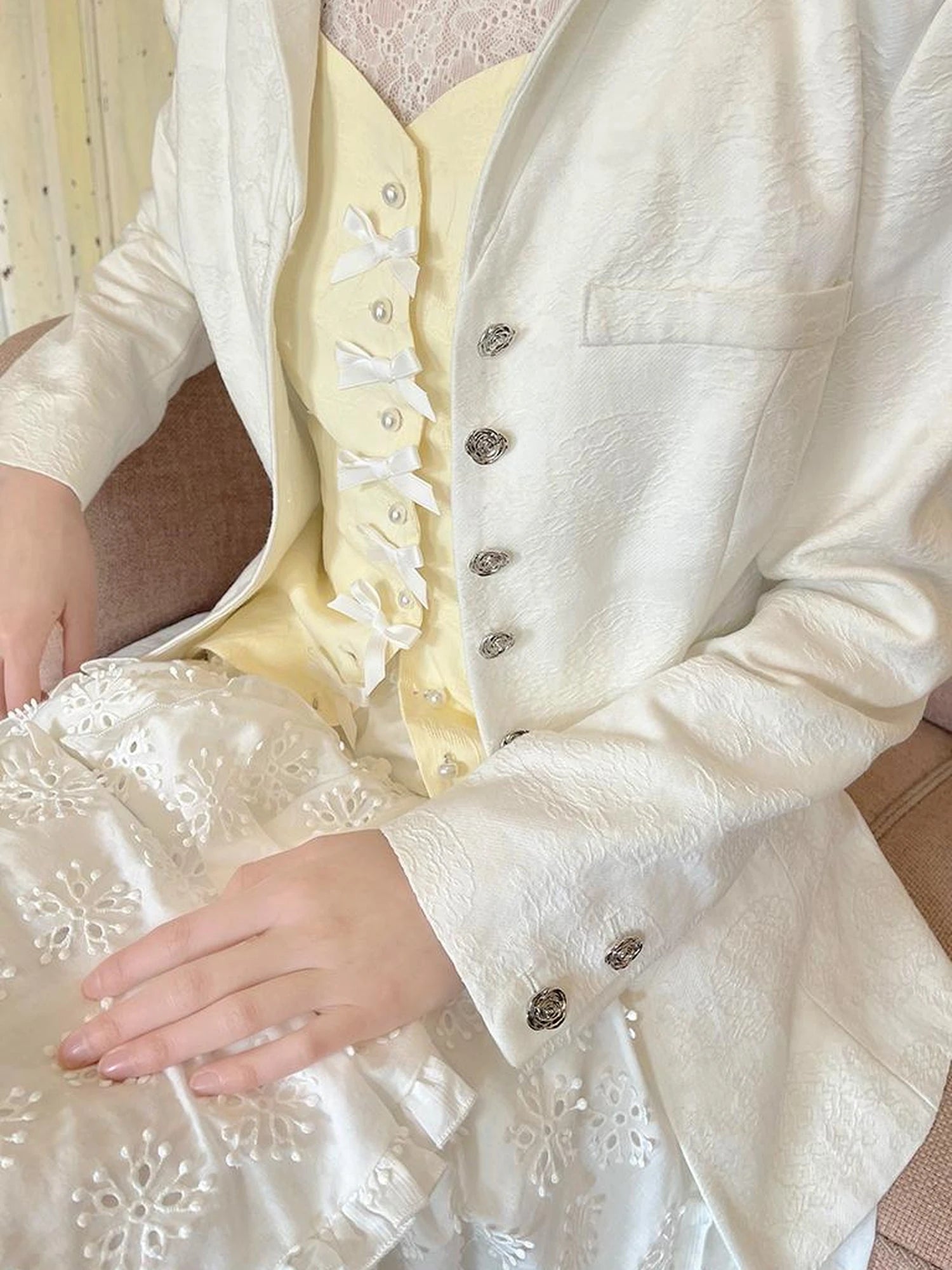 Vintage Pearl Embroidered Cotton Vest With Bow Closure