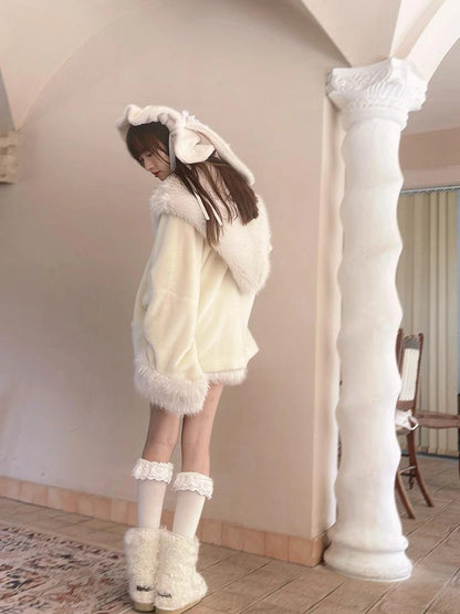 Vintage Plush Patchwork Loose Hooded Coat