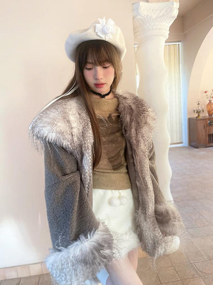 Daytoday Vintage Plush Patchwork Loose Hooded Coat