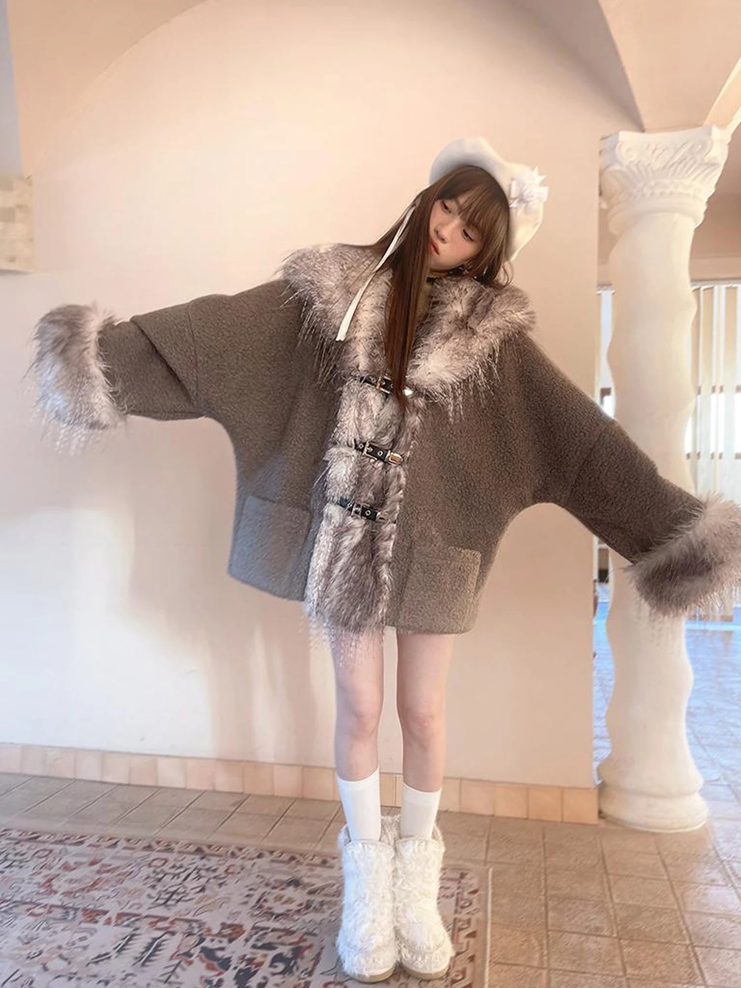 Vintage Plush Patchwork Loose Hooded Coat