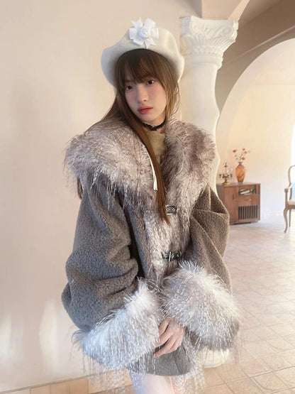 Vintage Plush Patchwork Loose Hooded Coat