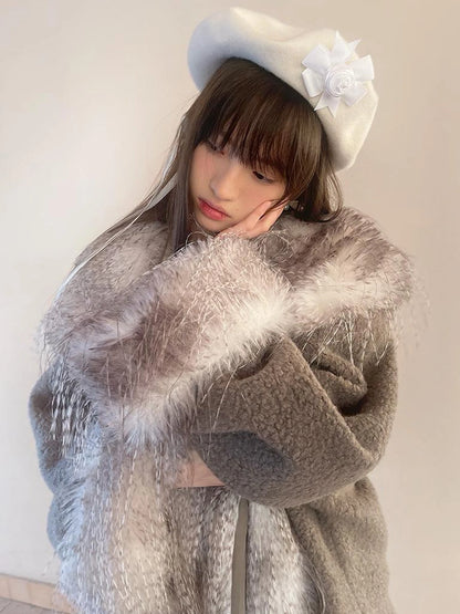 Vintage Plush Patchwork Loose Hooded Coat