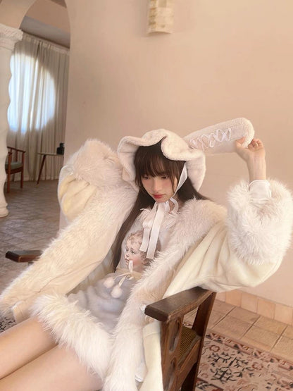 Vintage Plush Patchwork Loose Hooded Coat