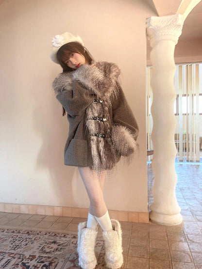 Vintage Plush Patchwork Loose Hooded Coat