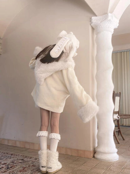 Vintage Plush Patchwork Loose Hooded Coat