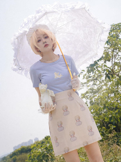Daytoday Vintage Porcelain Doll Floral Print Midi Skirt