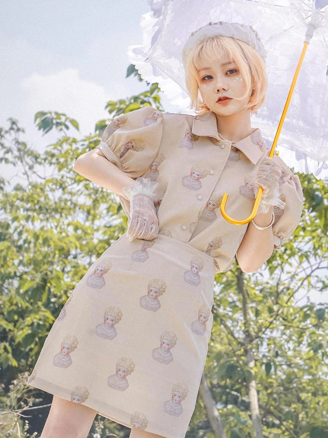 Vintage Porcelain Doll Floral Print Midi Skirt