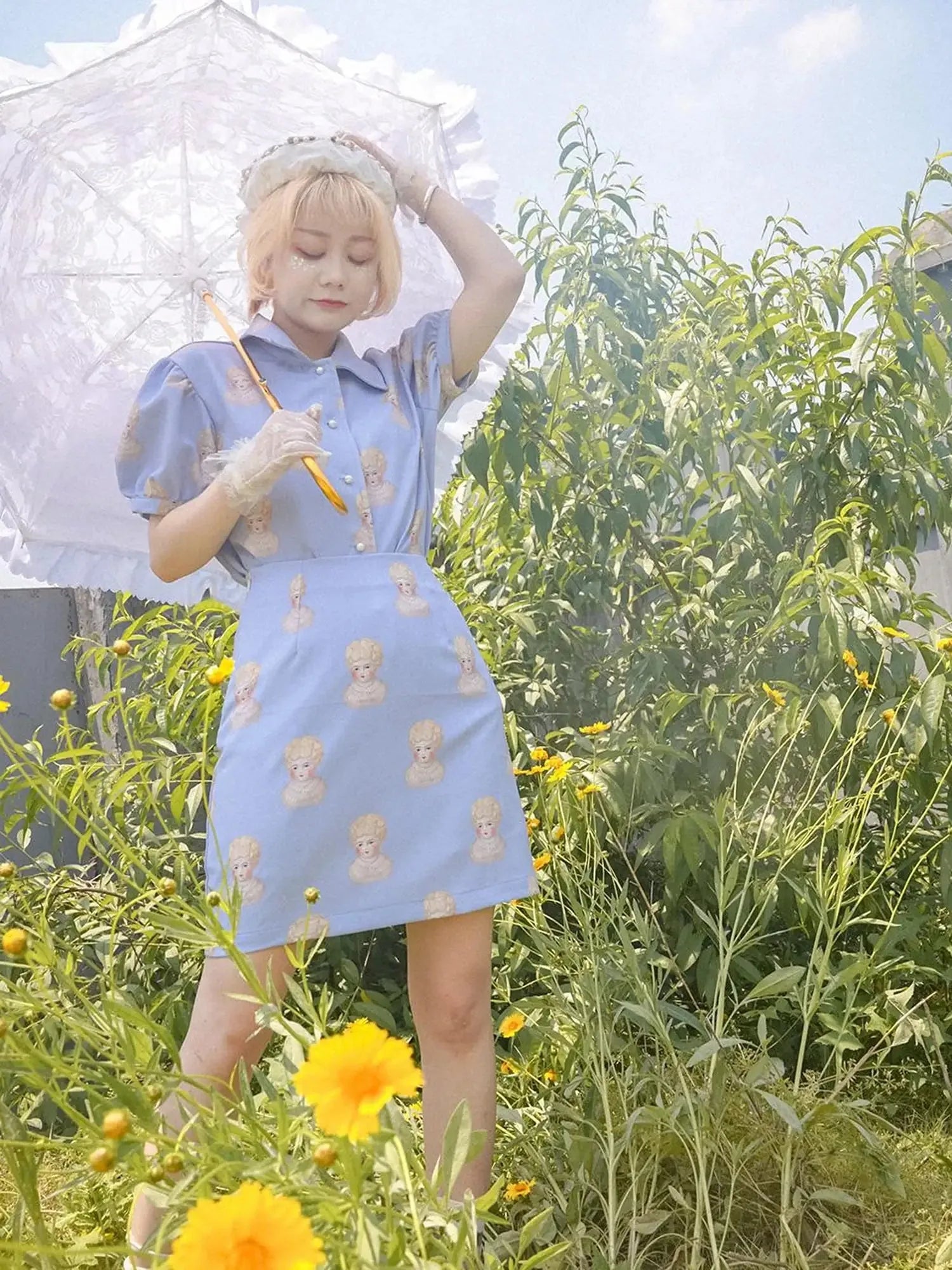 Vintage Porcelain Doll Floral Print Shirt