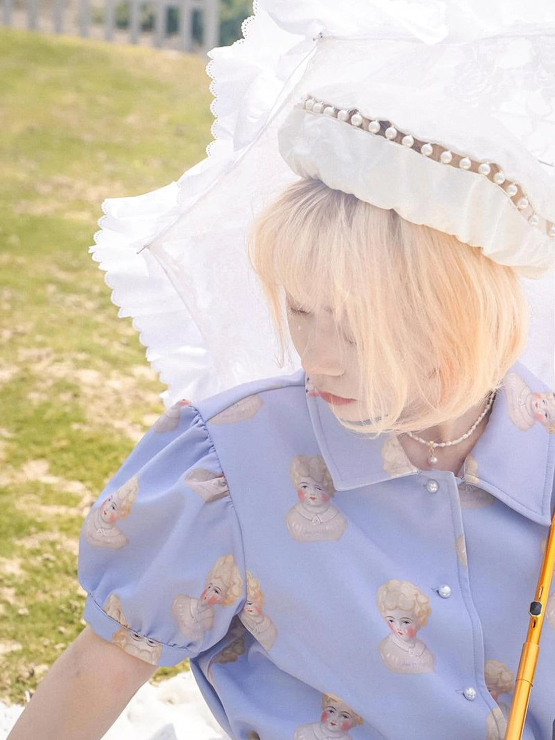 Vintage Porcelain Doll Floral Print Shirt