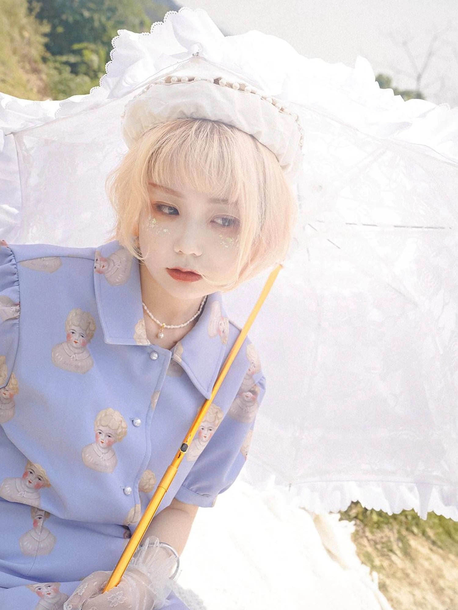 Vintage Porcelain Doll Floral Print Shirt