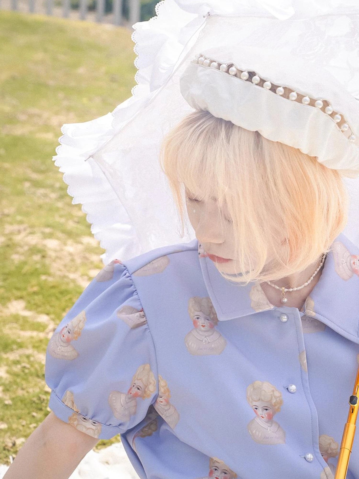 Vintage Porcelain Doll Floral Print Shirt