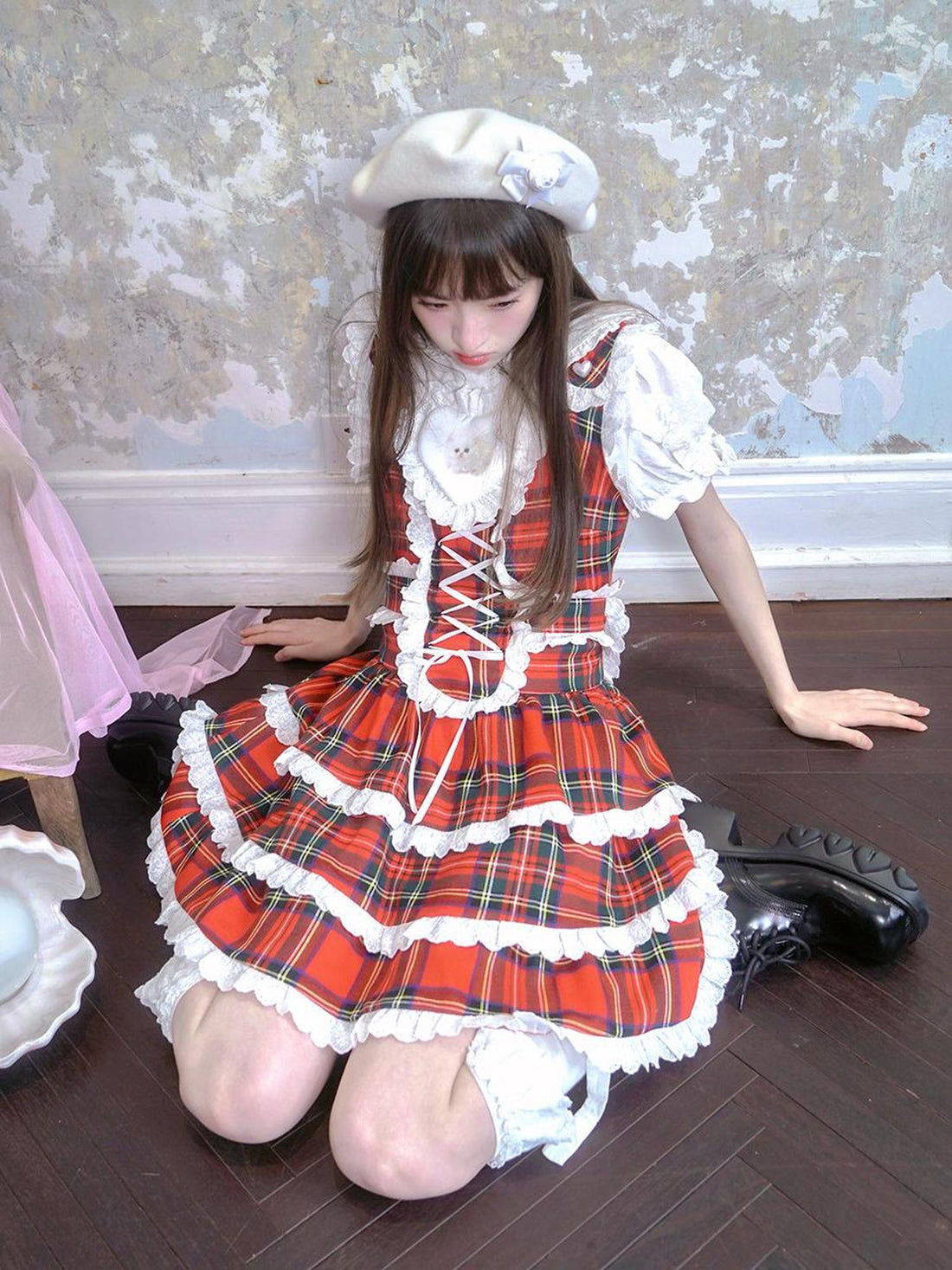 Daytoday Vintage Red Plaid Cat Print Lace Sundress