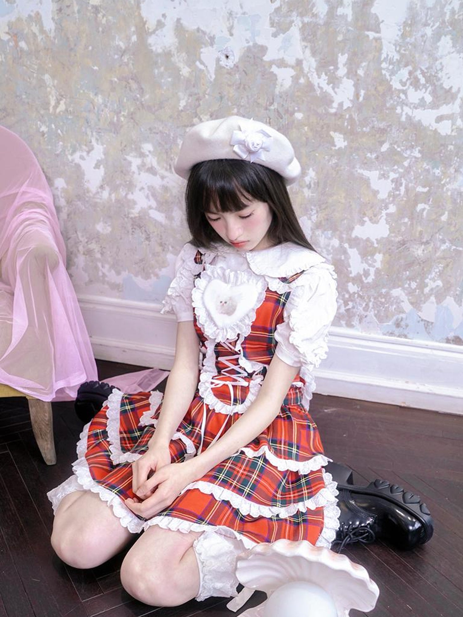 Daytoday Vintage Red Plaid Cat Print Lace Sundress
