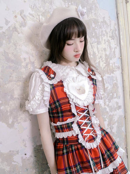 Daytoday Vintage Red Plaid Cat Print Lace Sundress