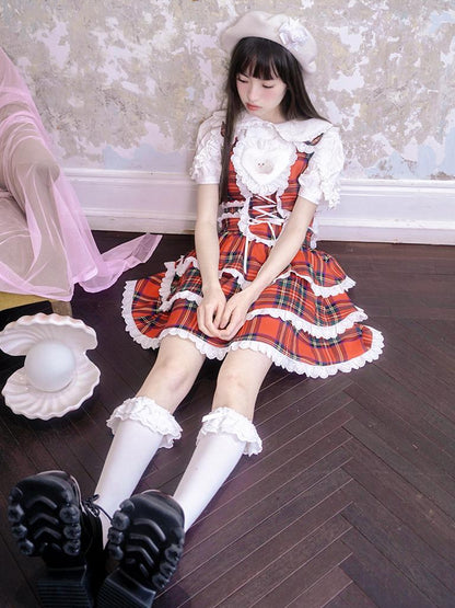 Daytoday Vintage Red Plaid Cat Print Lace Sundress
