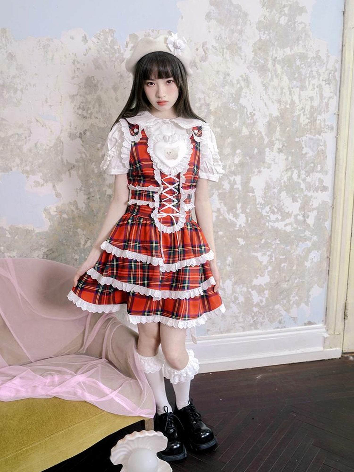 Daytoday Vintage Red Plaid Cat Print Lace Sundress