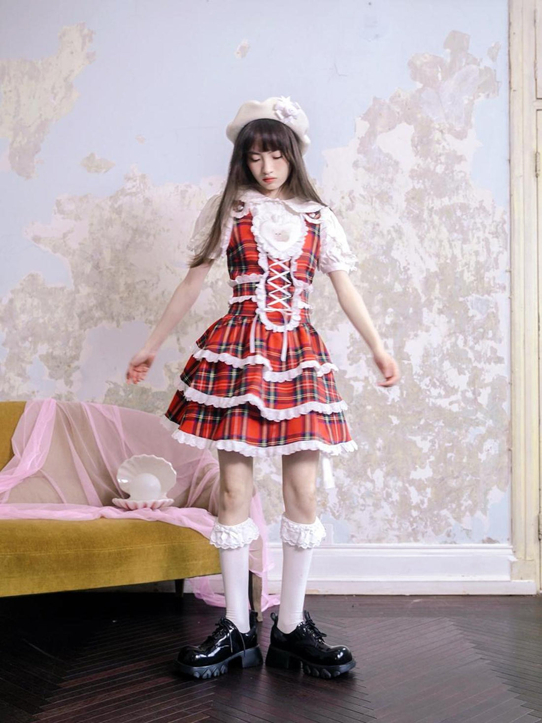 Daytoday Vintage Red Plaid Cat Print Lace Sundress