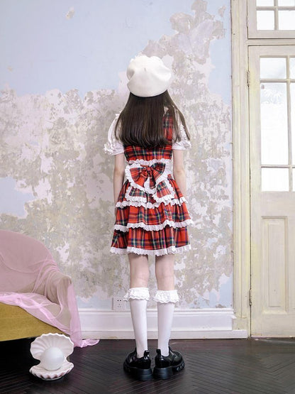 Daytoday Vintage Red Plaid Cat Print Lace Sundress