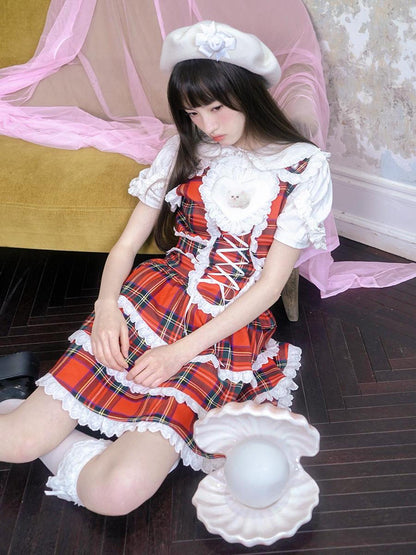 Daytoday Vintage Red Plaid Cat Print Lace Sundress