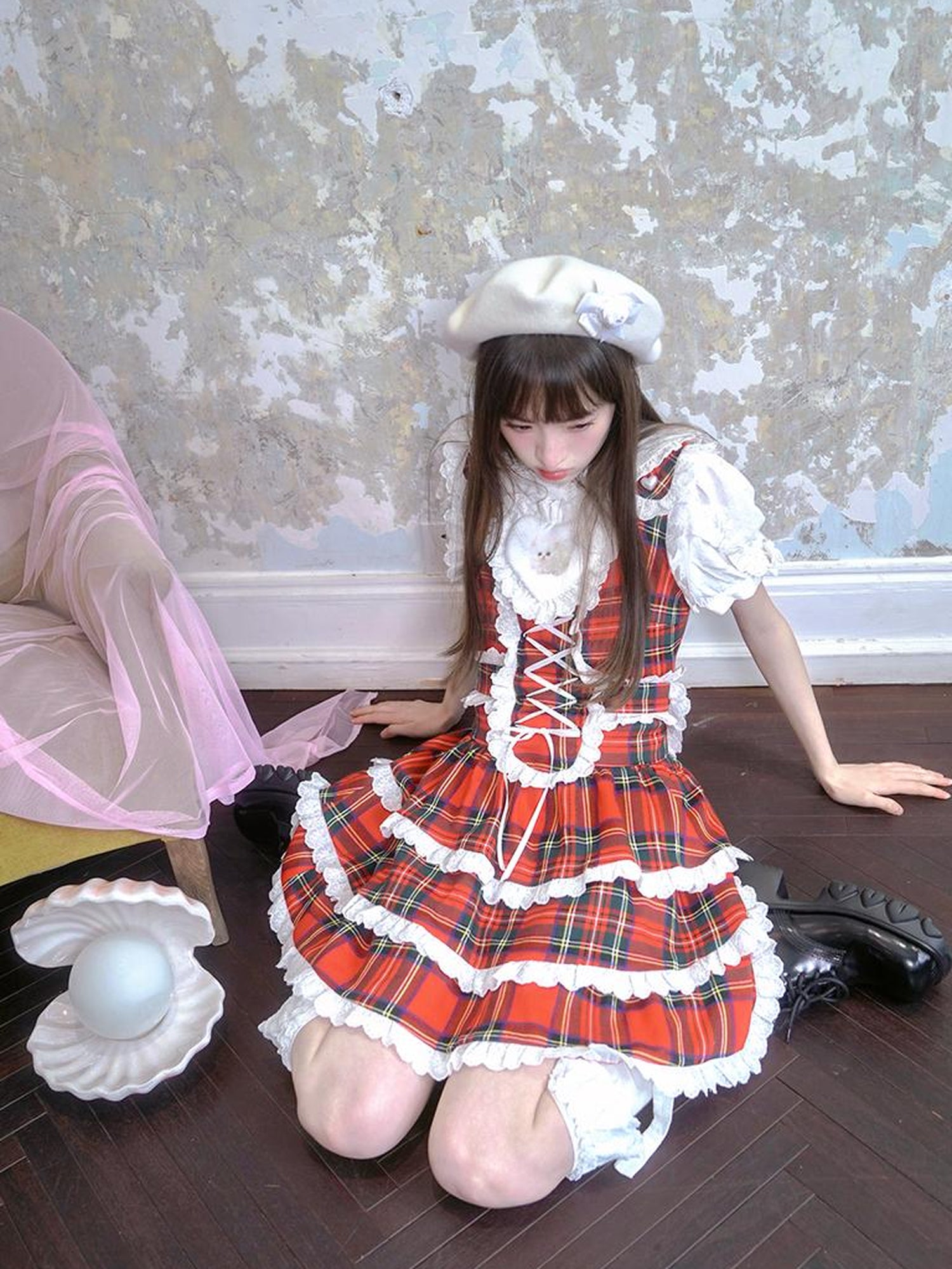 Daytoday Vintage Red Plaid Cat Print Lace Sundress