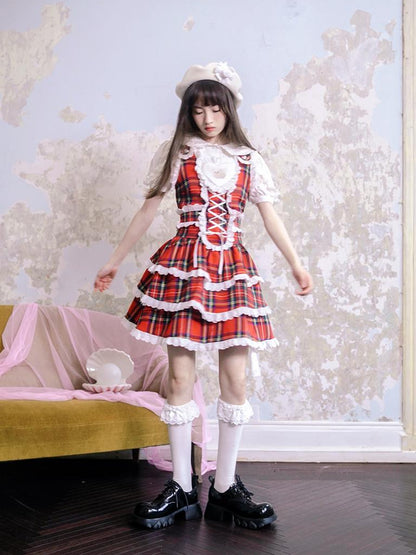 Daytoday Vintage Red Plaid Cat Print Lace Sundress
