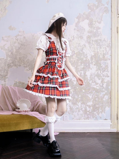 Daytoday Vintage Red Plaid Cat Print Lace Sundress