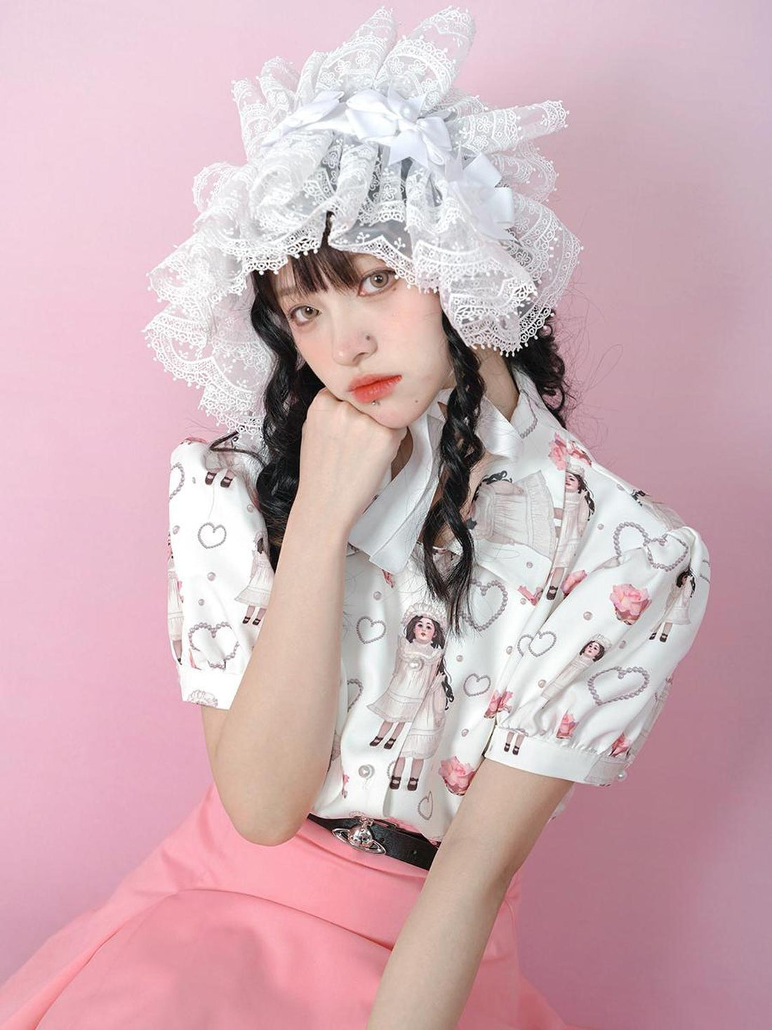 Daytoday Vintage Rose Pearl Print Puff Sleeve Blouse