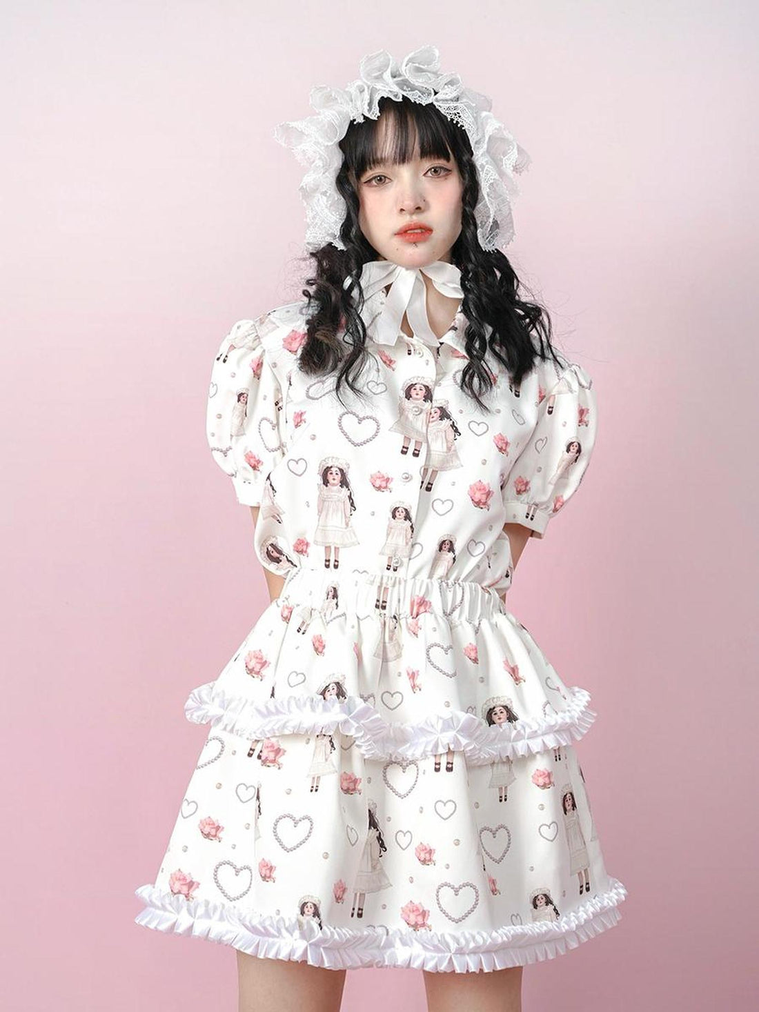 Daytoday Vintage Rose Pearl Print Puff Sleeve Blouse