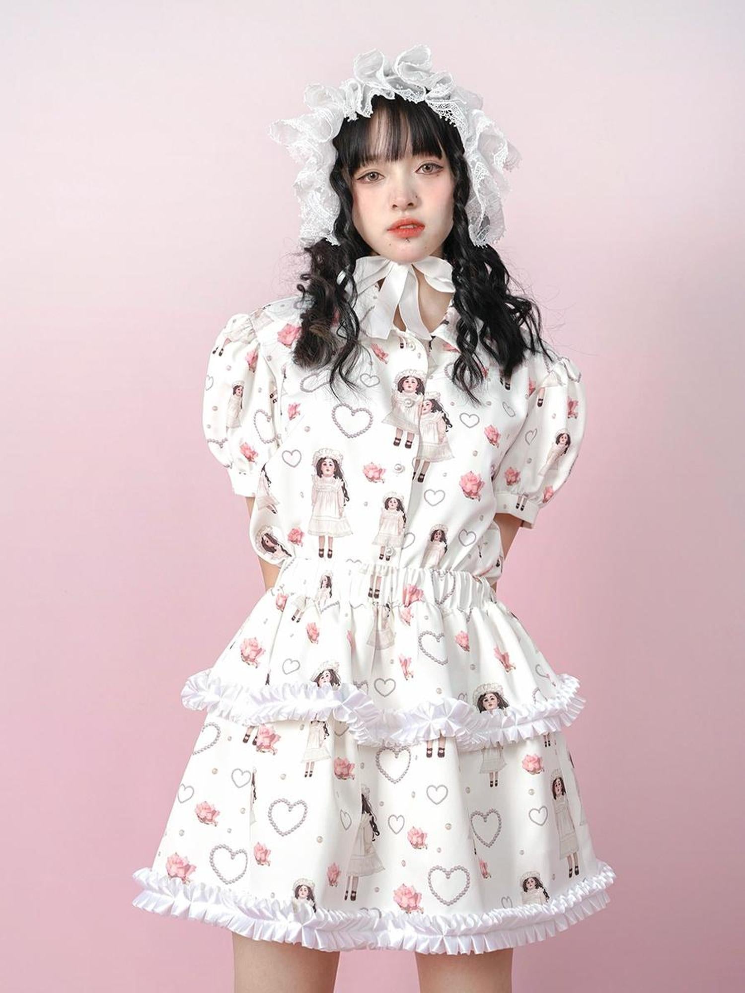 Daytoday Vintage Rose Pearl Print Puff Sleeve Blouse