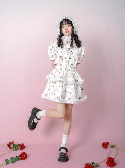 Daytoday Vintage Rose Pearl Print Puff Sleeve Blouse