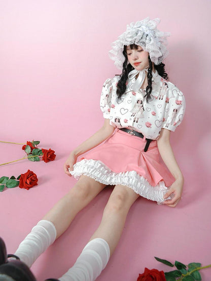 Daytoday Vintage Rose Pearl Print Puff Sleeve Blouse