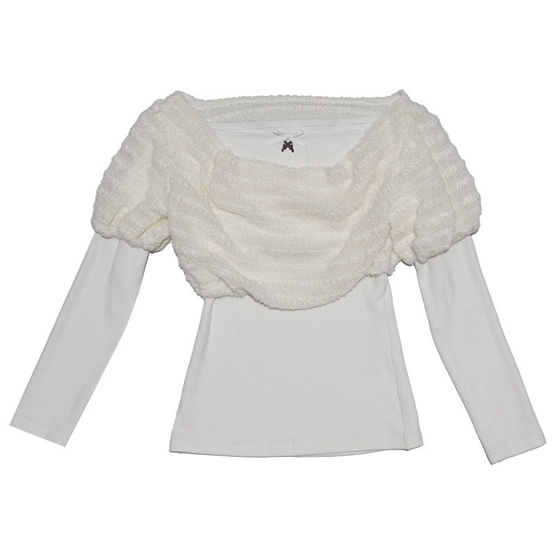 Daytoday_White_Bow_Drape_Collar_Knit_Faux_Layered_Puff_Women&
