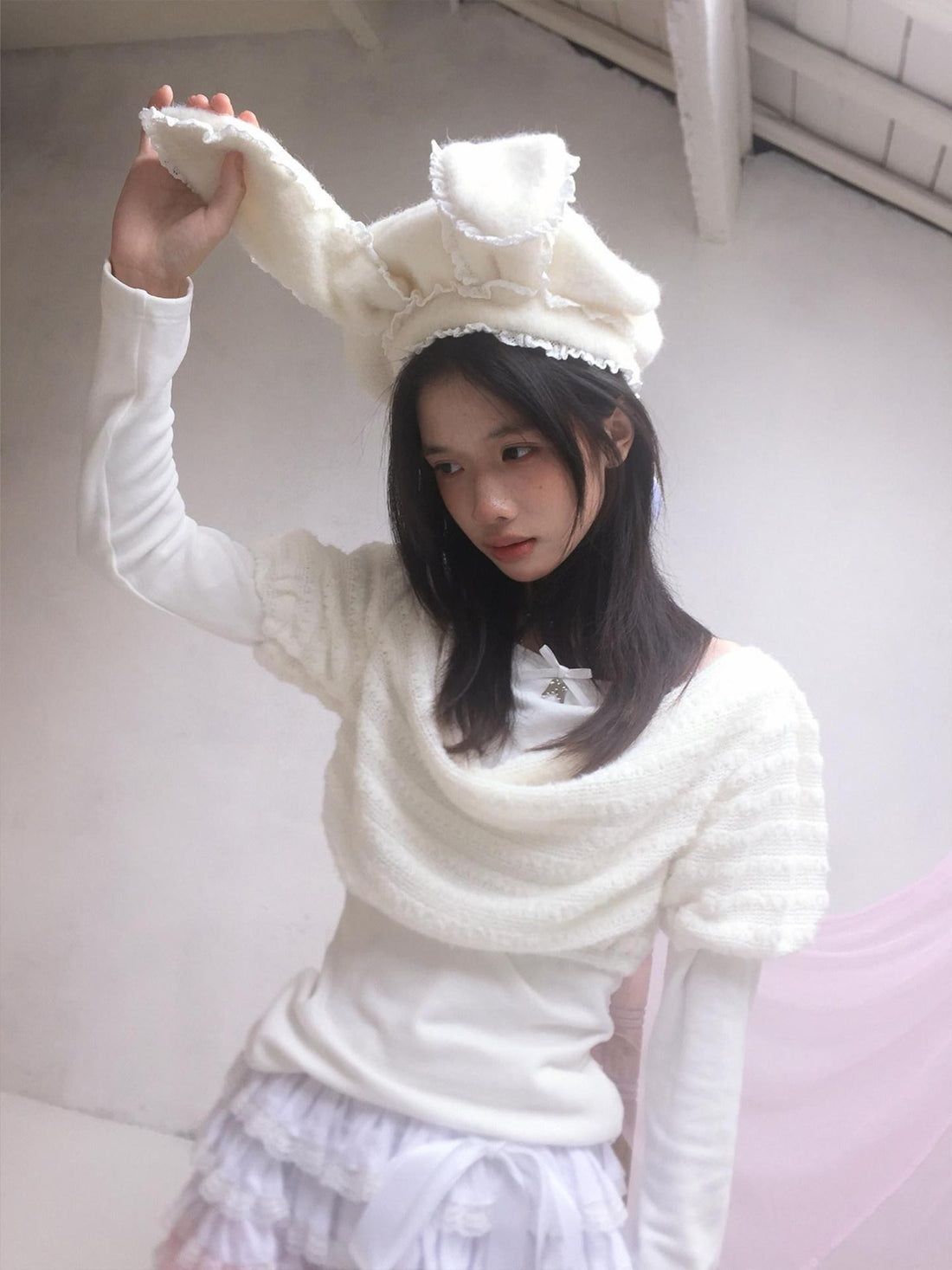 Daytoday White Bow Drape Collar Knit Faux Layered Puff Women&