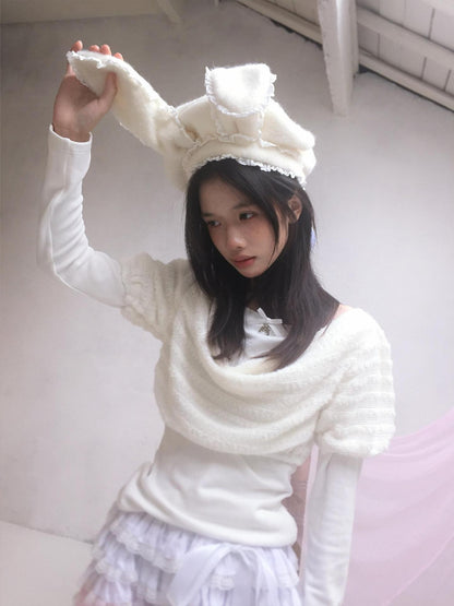 Daytoday White Bow Drape Collar Knit Faux Layered Puff Women&